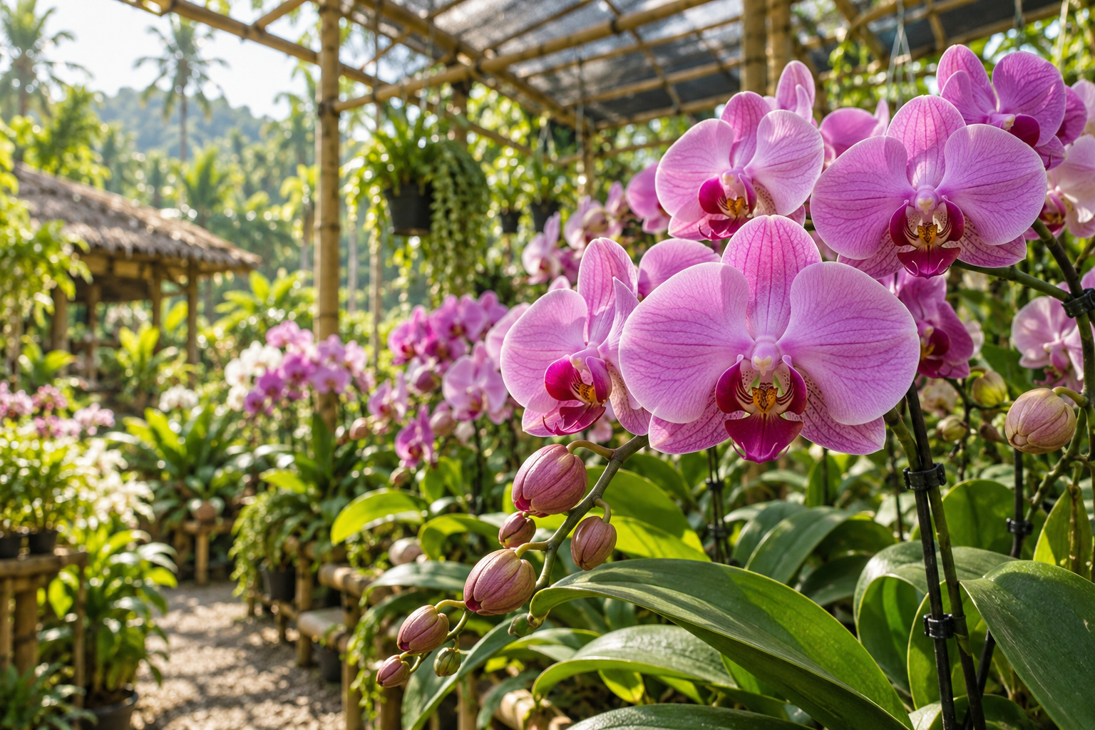 Anggrek ungu bermekaran di kebun